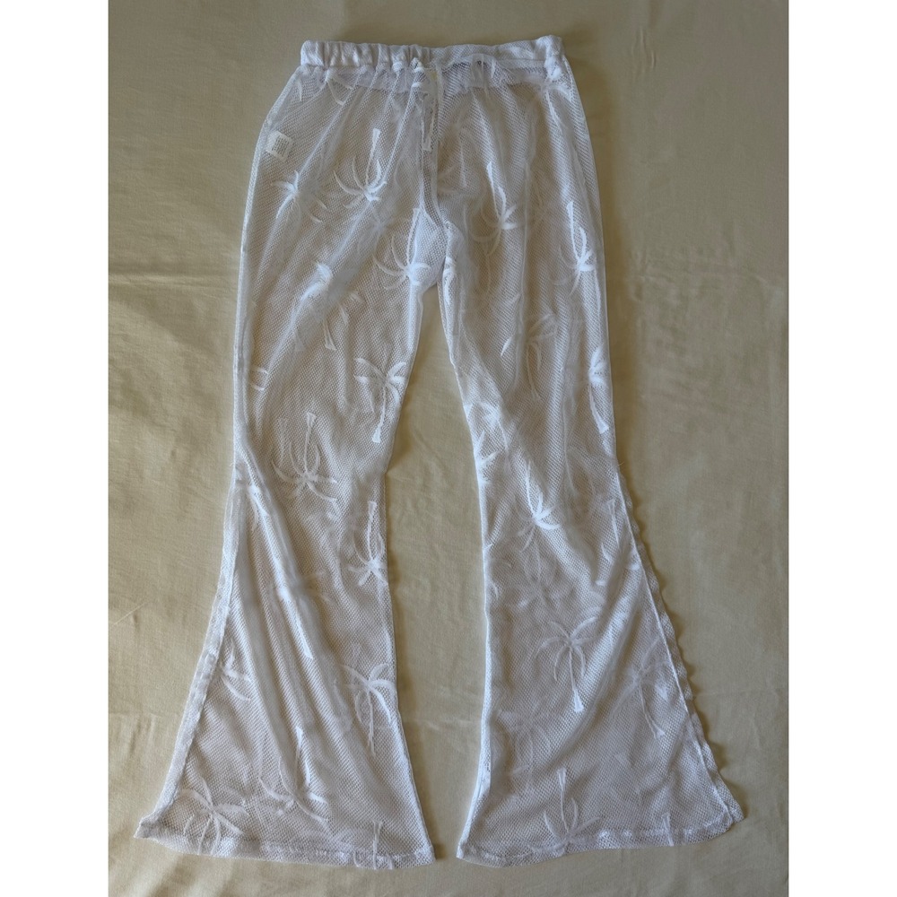 Miken Swim White‎ Mesh Palm Tree Flare Beach Cover Up Pants Small I6068K073R4 - Picture 3 of 9